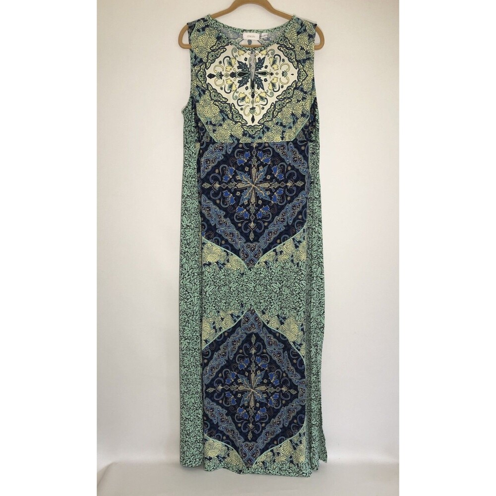 Chico's Mediterranean Waves Maxi Dress Size 3 (XL/16) Blue Green $139 Jersey EUC
